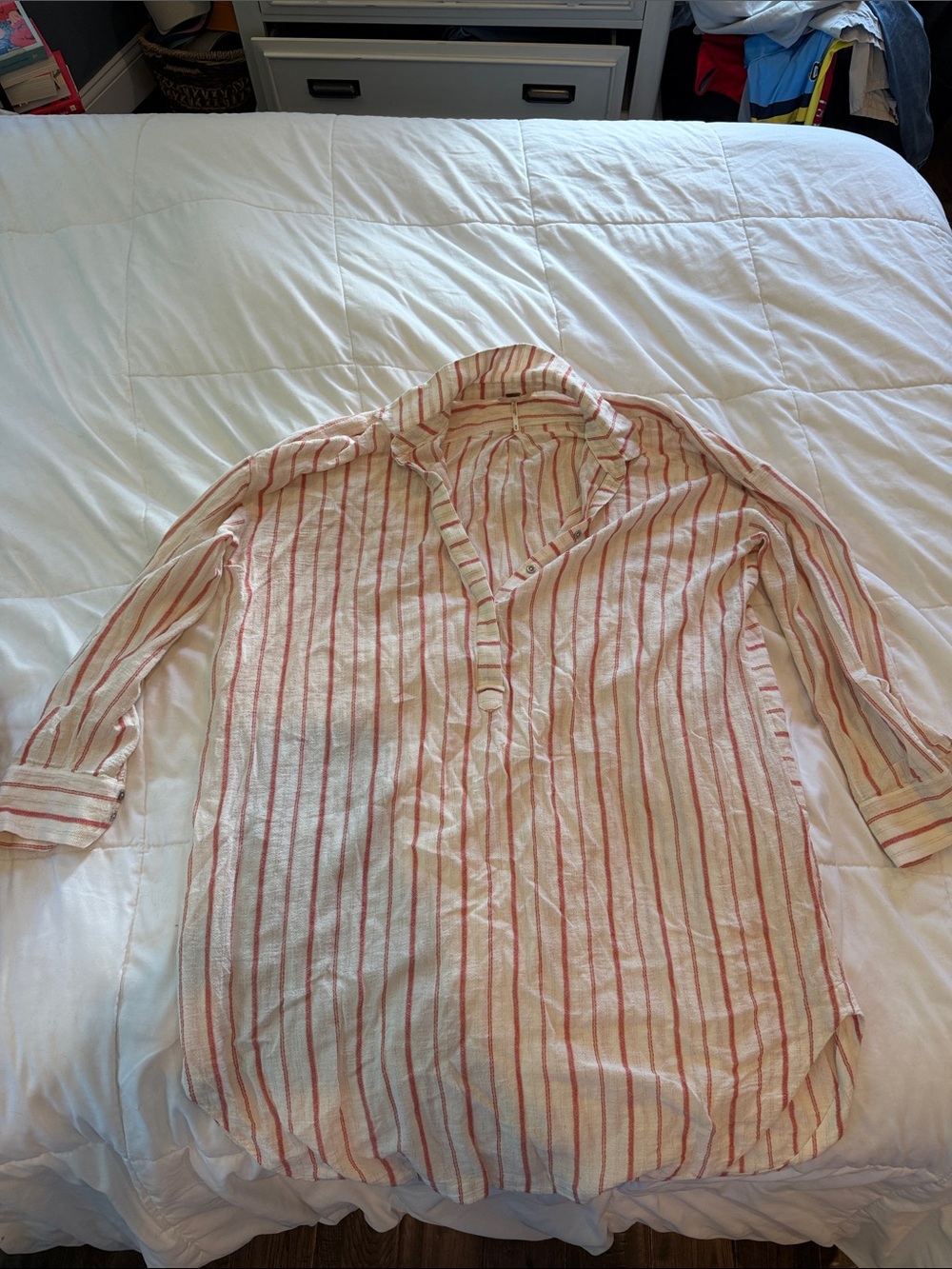 Free People Cream Button-Down Shirt with Red Stripes